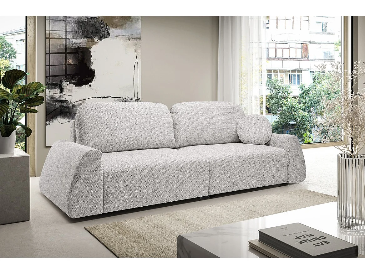 Canapé-lit ALMI avec couchage 120x200 cm, coffre, tissu Excite Me, accoudoirs trapèze, style scandinave, 260x100x80 cm, frêne