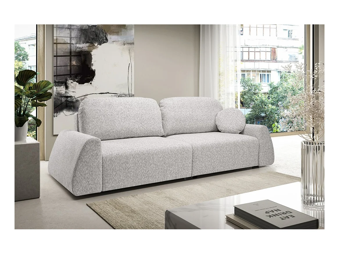 Canapé-lit ALMI avec couchage 120x200 cm, coffre, tissu Excite Me, accoudoirs trapèze, style scandinave, 260x100x80 cm, frêne