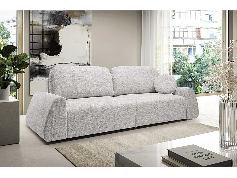 Sofa rozkładana ALMI 120x200cm z funkcją spania pojemnik na pościel tkanina Excite Me trapezowe podłokietniki skandynawski styl 260x100x80cm popiel