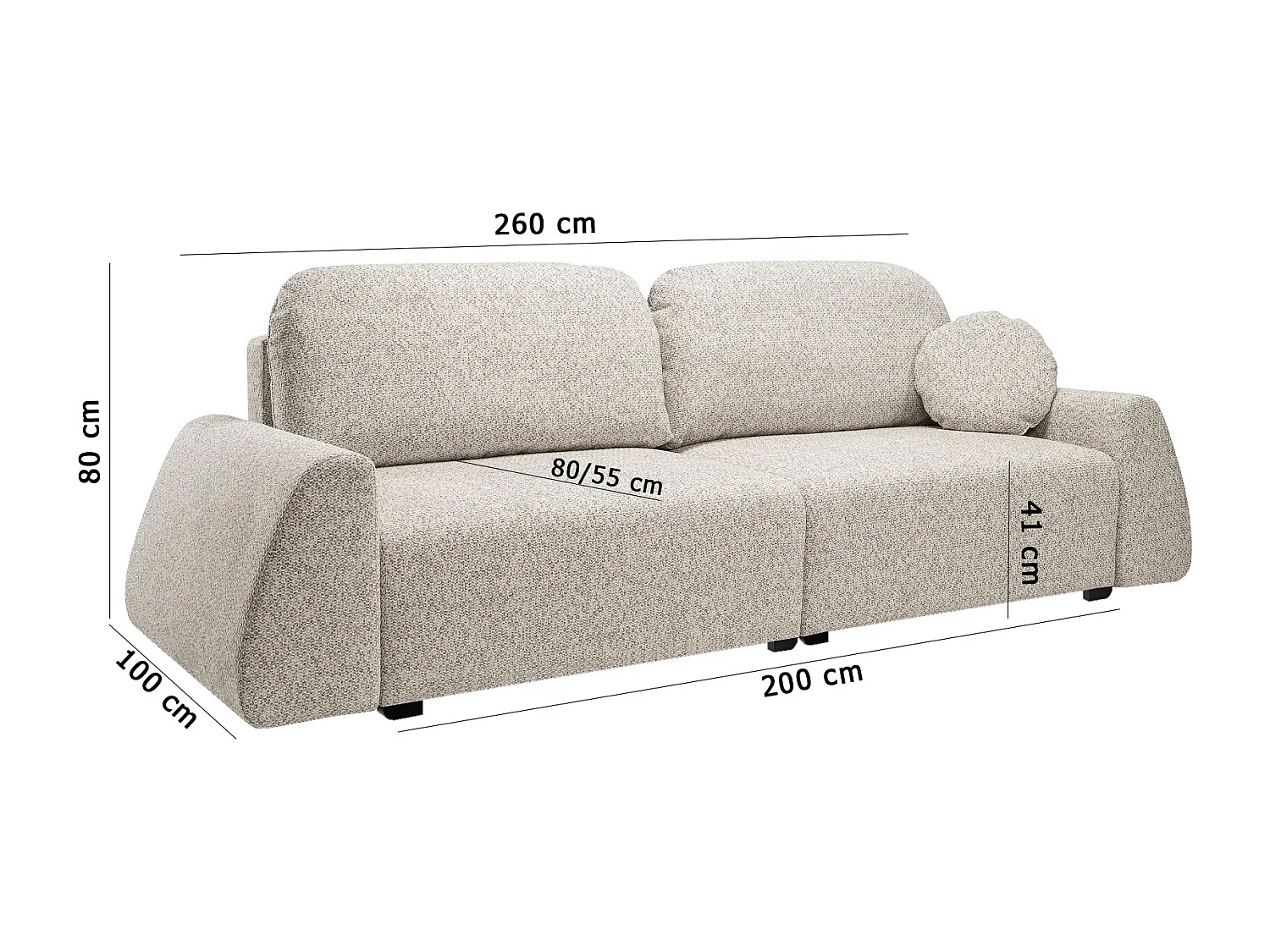Nowoczesna rozkładana sofa ALMI z funkcją spania - 3-osobowa z funkcją spania, mechanizm DL, 2 poduszki oparciowe, 260x100x80 cm Szary