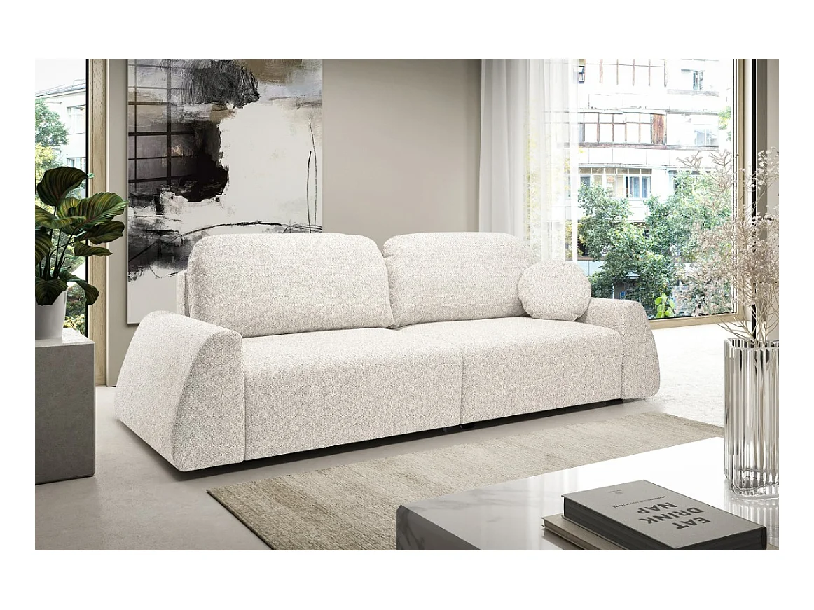 Canapé-lit ALMI avec couchage 120x200 cm, coffre, tissu Excite Me, accoudoirs trapèze, style scandinave, 260x100x80 cm, beige clair