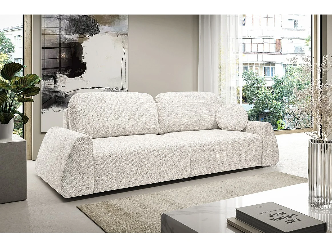 Canapé-lit ALMI avec couchage 120x200 cm, coffre, tissu Excite Me, accoudoirs trapèze, style scandinave, 260x100x80 cm, beige clair