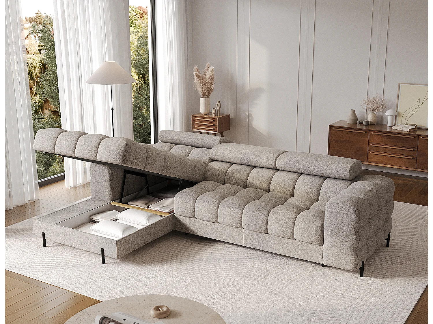 Canapé d’angle convertible tissu appuis-tête réglables KATE – Coffre et pieds métal noir-Beige-angle gauche