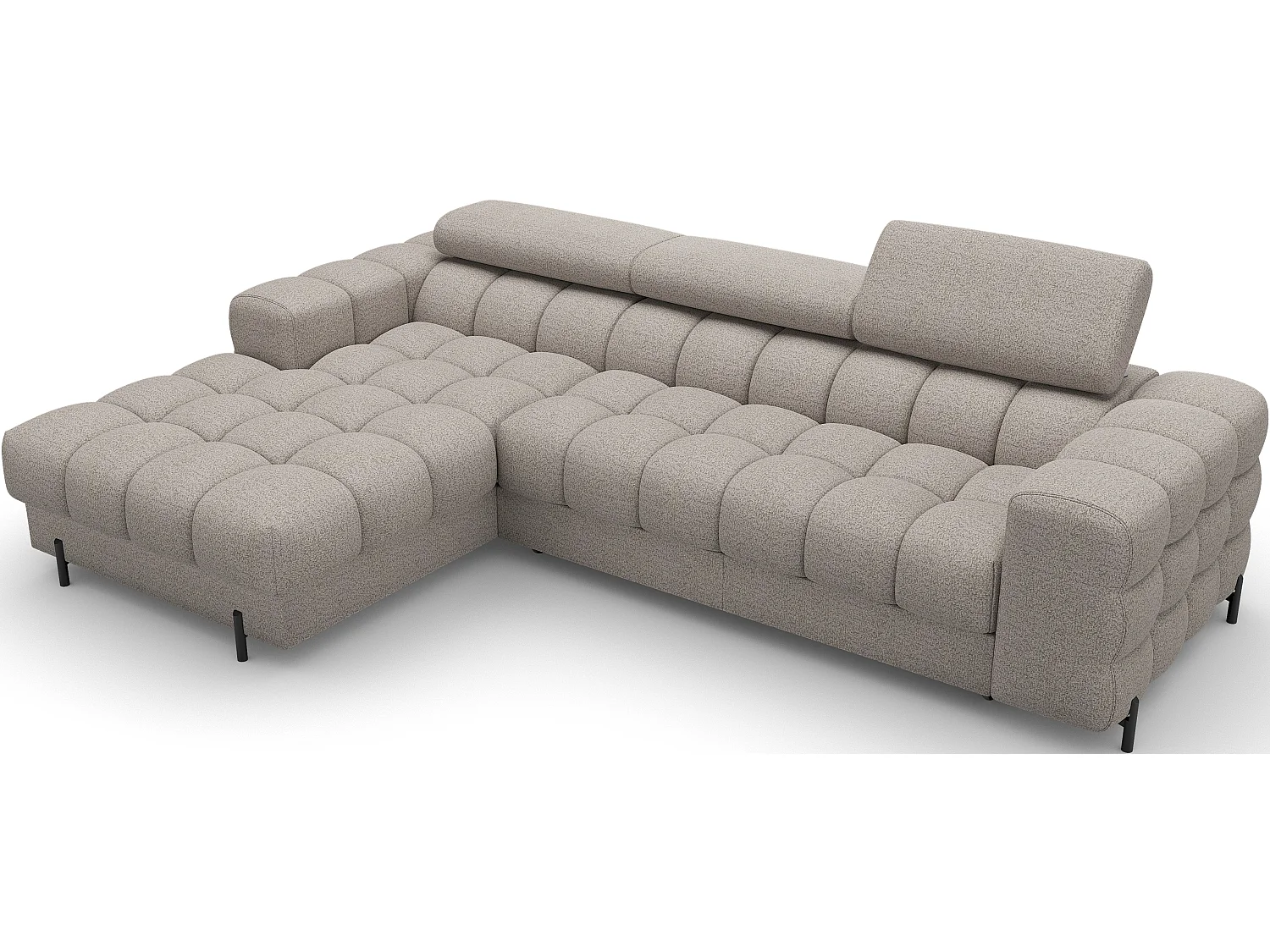 Canapé d’angle convertible tissu appuis-tête réglables KATE – Coffre et pieds métal noir-Beige-angle gauche