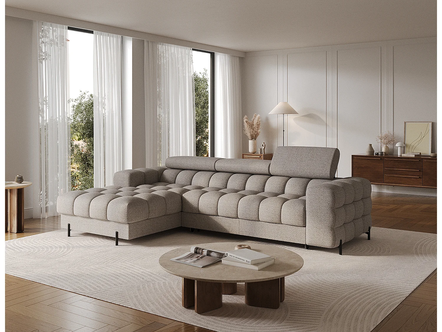 Canapé d’angle convertible tissu appuis-tête réglables KATE – Coffre et pieds métal noir-Beige-angle gauche