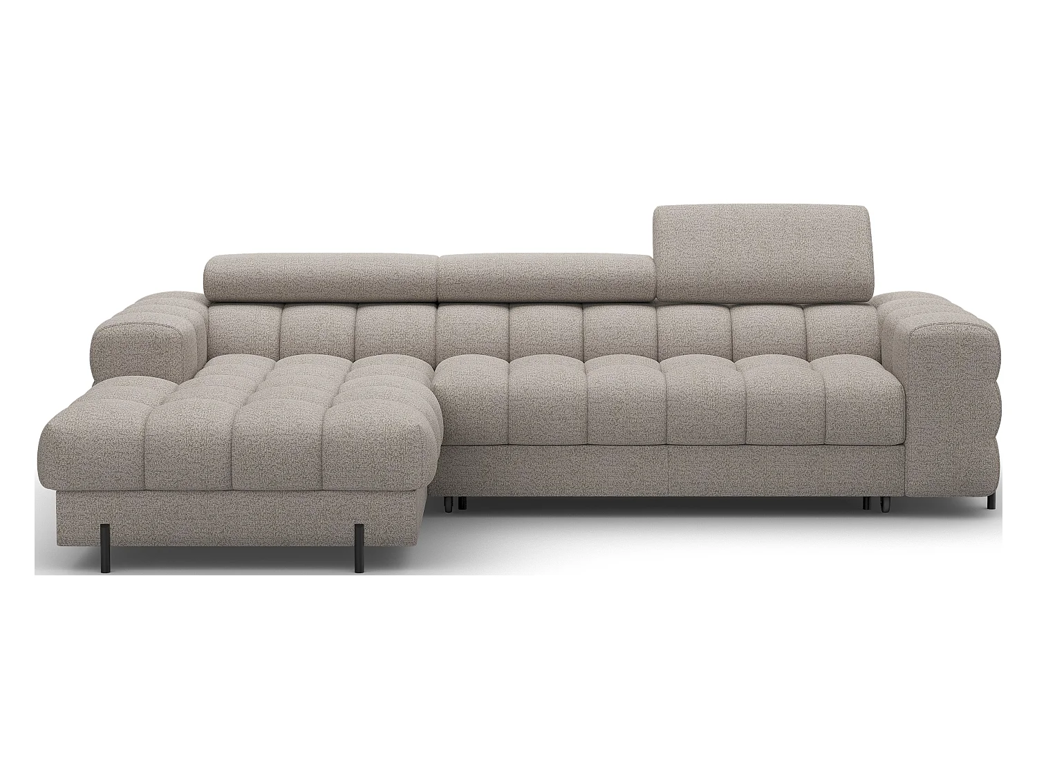 Canapé d’angle convertible tissu appuis-tête réglables KATE – Coffre et pieds métal noir-Beige-angle gauche