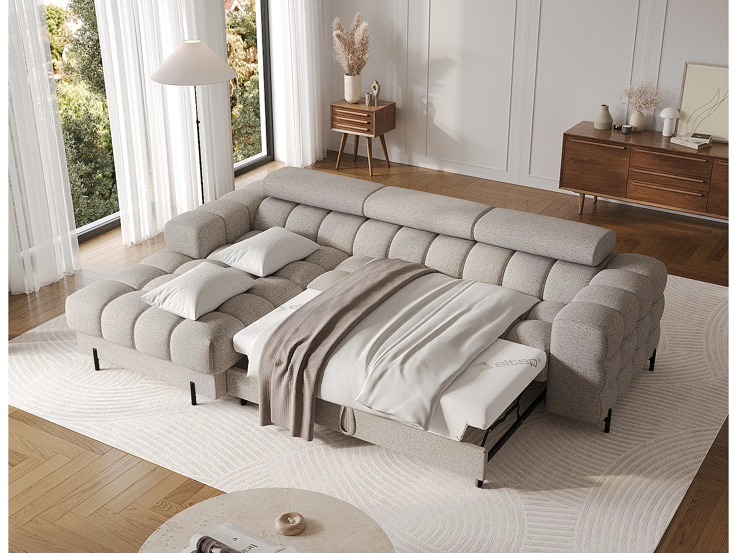 Canapé d’angle convertible tissu appuis-tête réglables KATE – Coffre et pieds métal noir-Beige-angle gauche