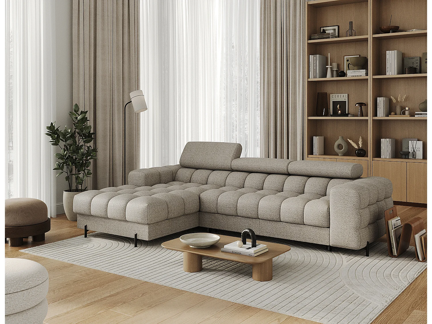 Canapé d’angle convertible tissu appuis-tête réglables KATE – Coffre et pieds métal noir-Beige-angle gauche