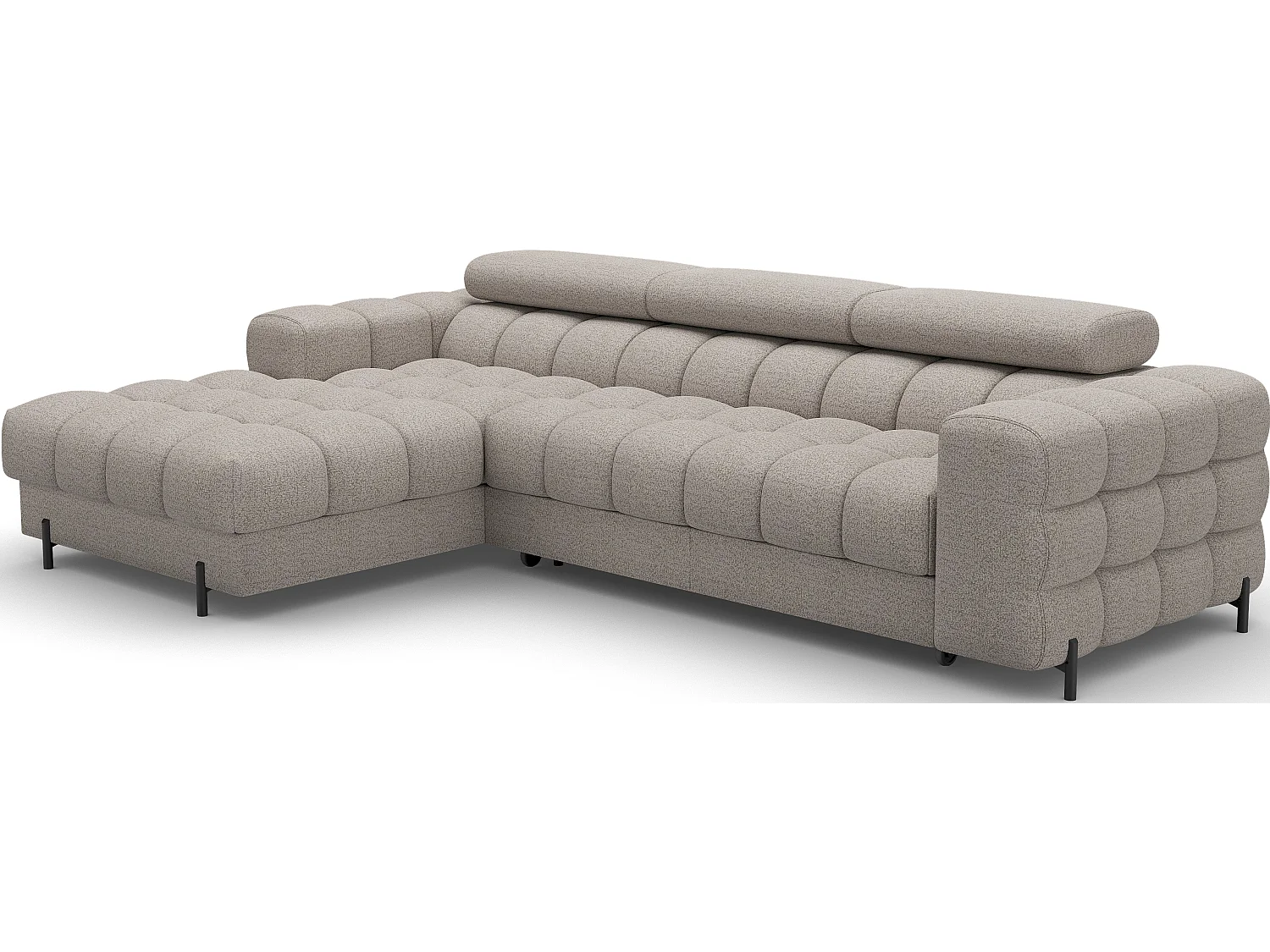 Canapé d’angle convertible tissu appuis-tête réglables KATE – Coffre et pieds métal noir-Beige-angle gauche