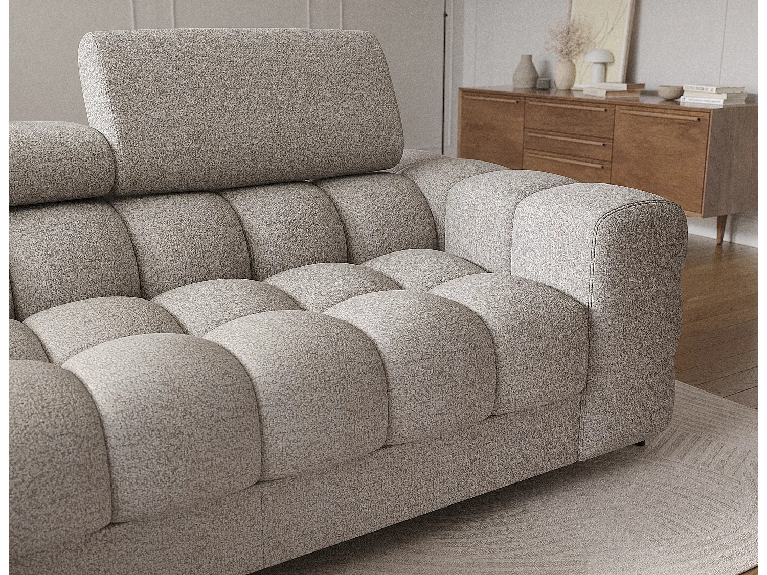 Canapé d’angle convertible tissu appuis-tête réglables KATE – Coffre et pieds métal noir-Beige-angle gauche