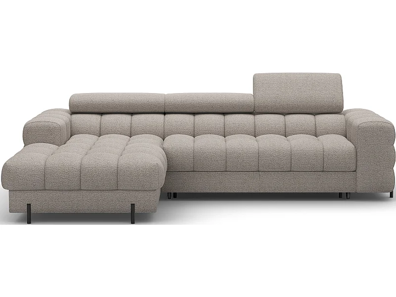 Canapé d’angle convertible tissu appuis-tête réglables KATE – Coffre et pieds métal noir-Beige-angle gauche