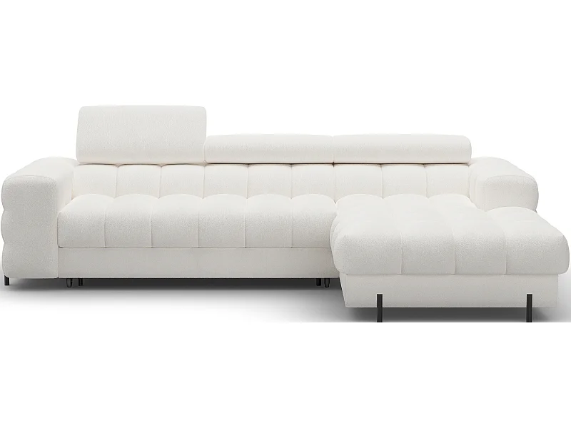 Canapé d’angle convertible tissu appuis-tête réglables KATE – Coffre et pieds métal noir-Blanc cassé-angle droit