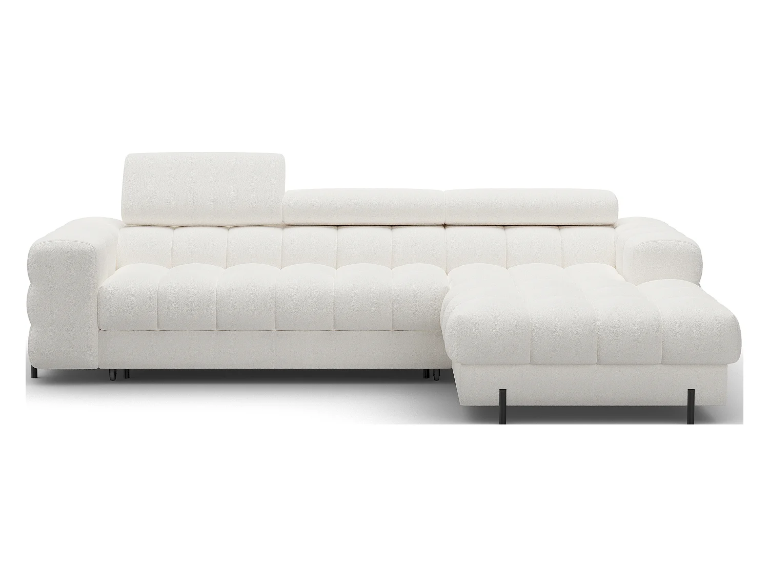 Canapé d’angle convertible tissu appuis-tête réglables KATE – Coffre et pieds métal noir-Blanc cassé-angle droit