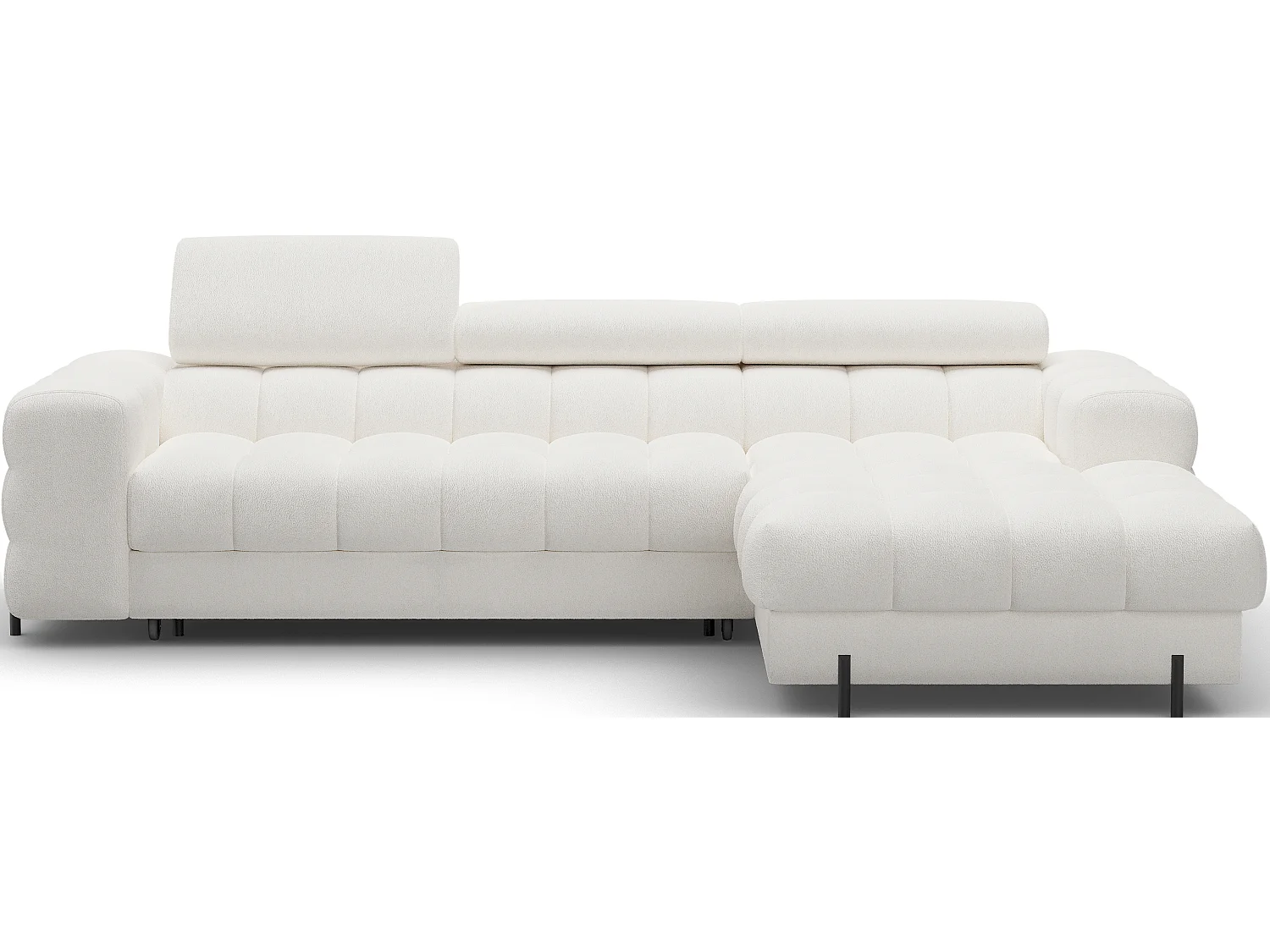 Canapé d’angle convertible tissu appuis-tête réglables KATE – Coffre et pieds métal noir-Blanc cassé-angle droit