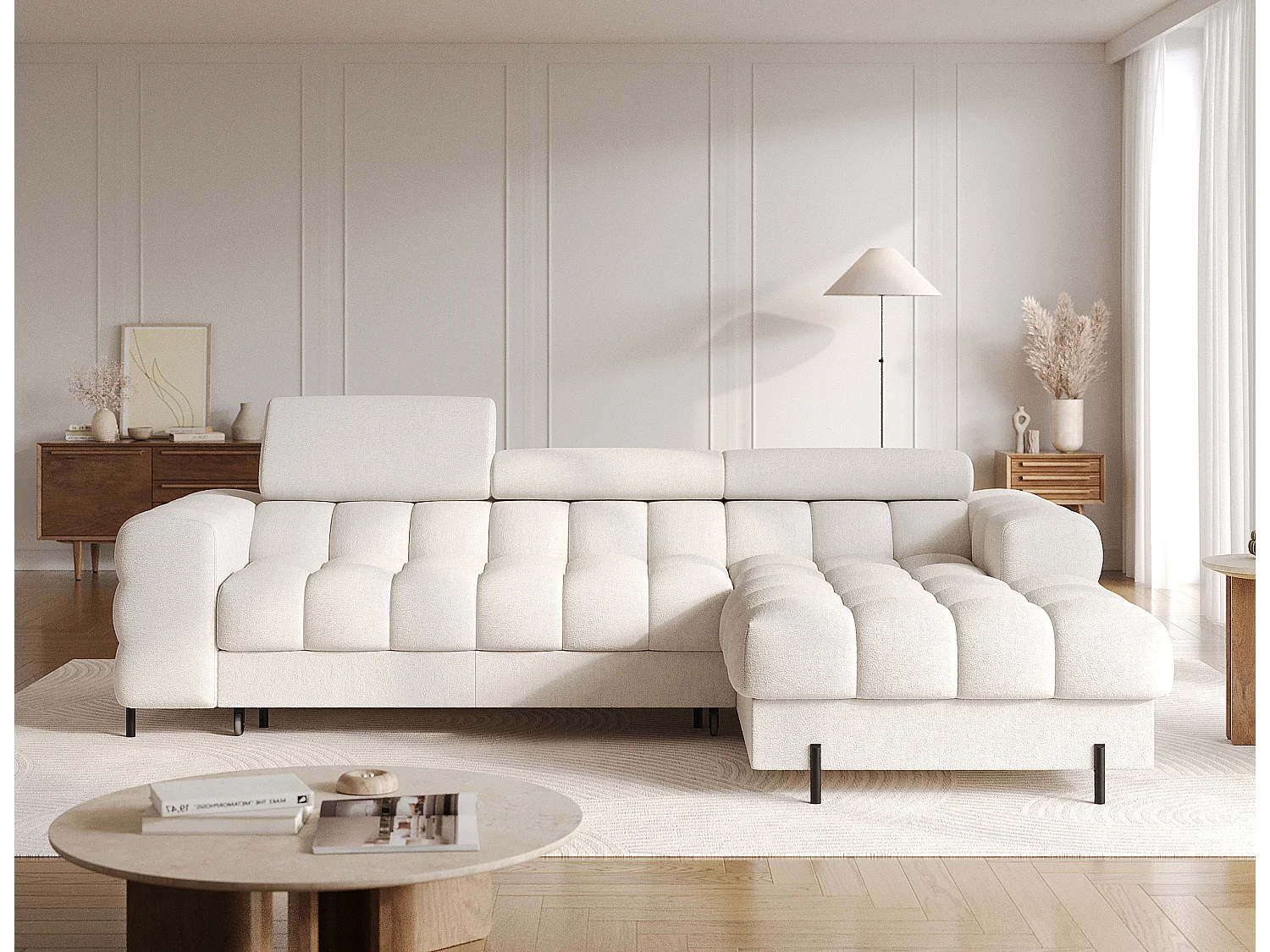 Canapé d’angle convertible tissu appuis-tête réglables KATE – Coffre et pieds métal noir-Blanc cassé-angle droit