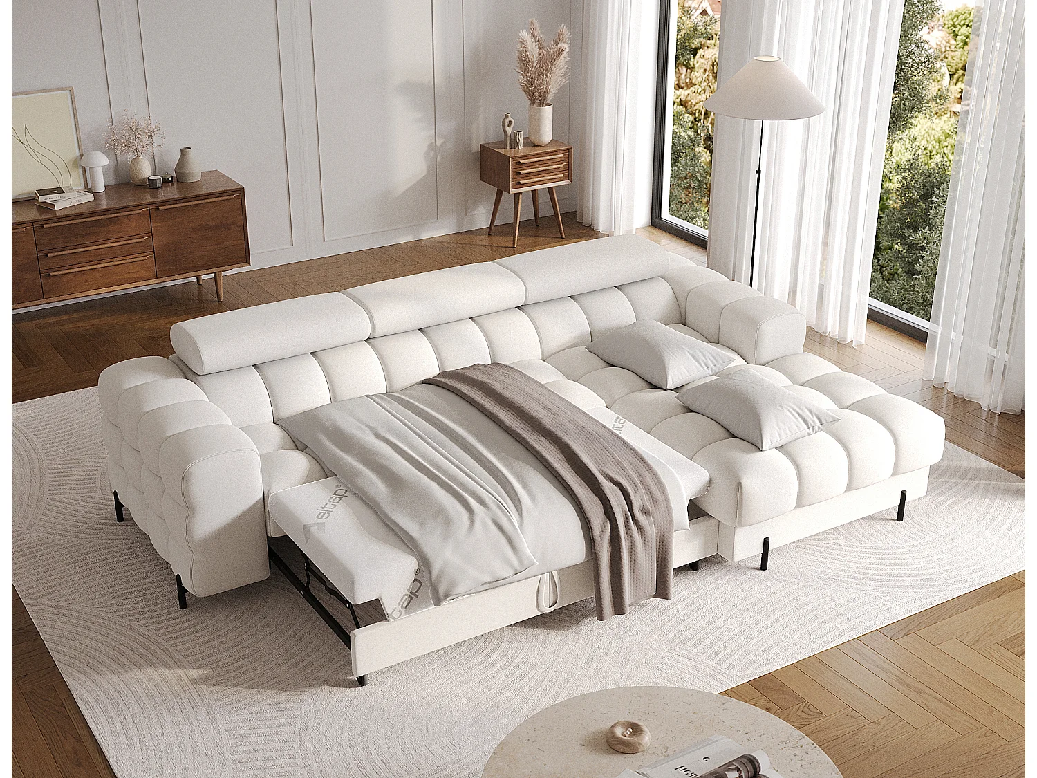 Canapé d’angle convertible tissu appuis-tête réglables KATE – Coffre et pieds métal noir-Blanc cassé-angle droit