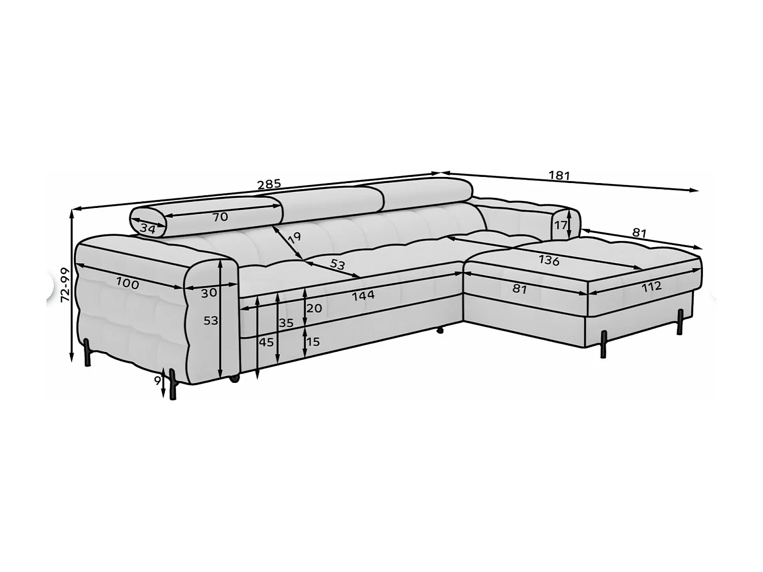 Canapé d’angle convertible tissu appuis-tête réglables KATE – Coffre et pieds métal noir-Blanc cassé-angle droit