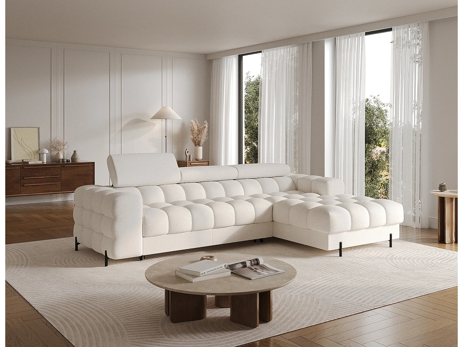 Canapé d’angle convertible tissu appuis-tête réglables KATE – Coffre et pieds métal noir-Blanc cassé-angle droit