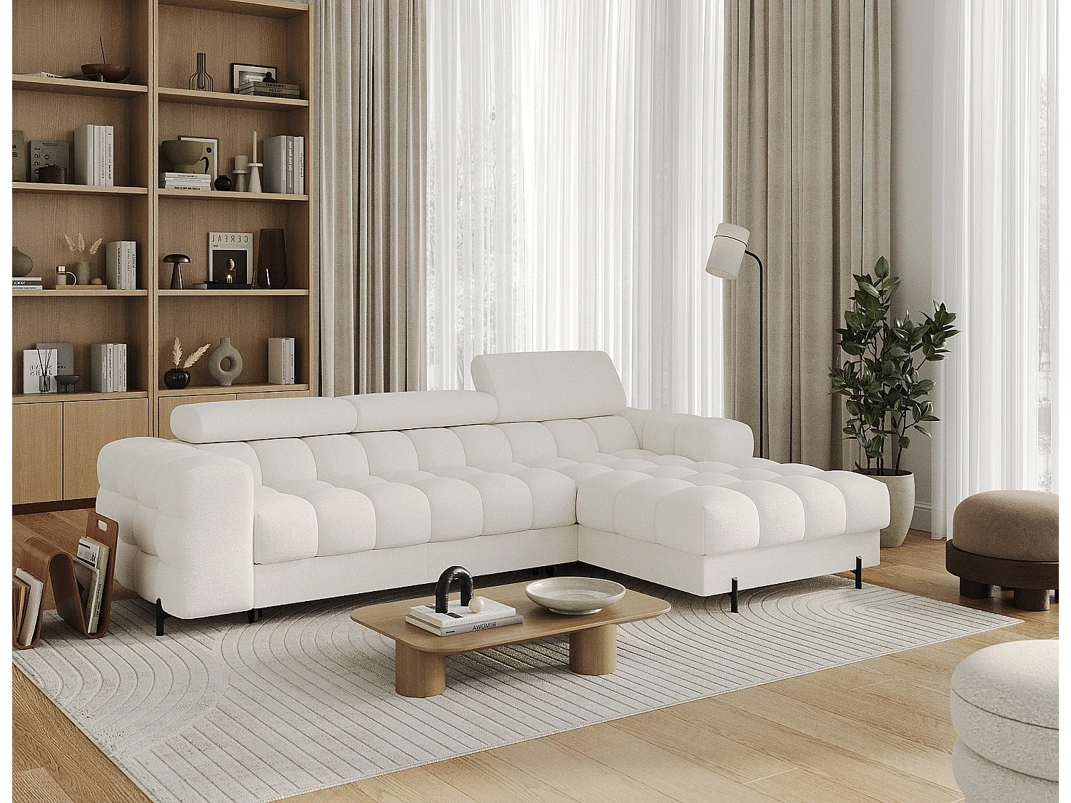 Canapé d’angle convertible tissu appuis-tête réglables KATE – Coffre et pieds métal noir-Blanc cassé-angle droit