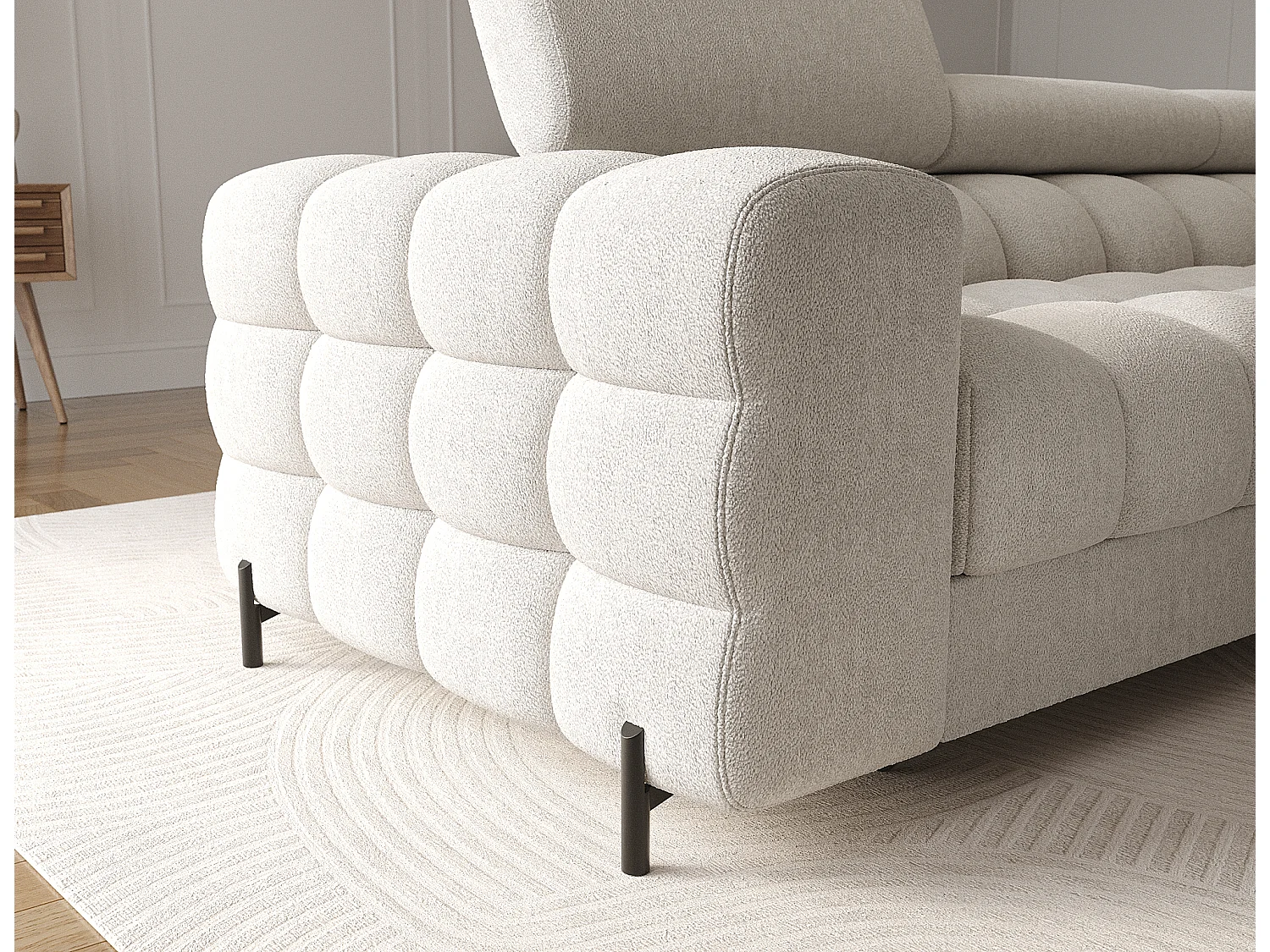 Canapé d’angle convertible tissu appuis-tête réglables KATE – Coffre et pieds métal noir-Blanc cassé-angle droit