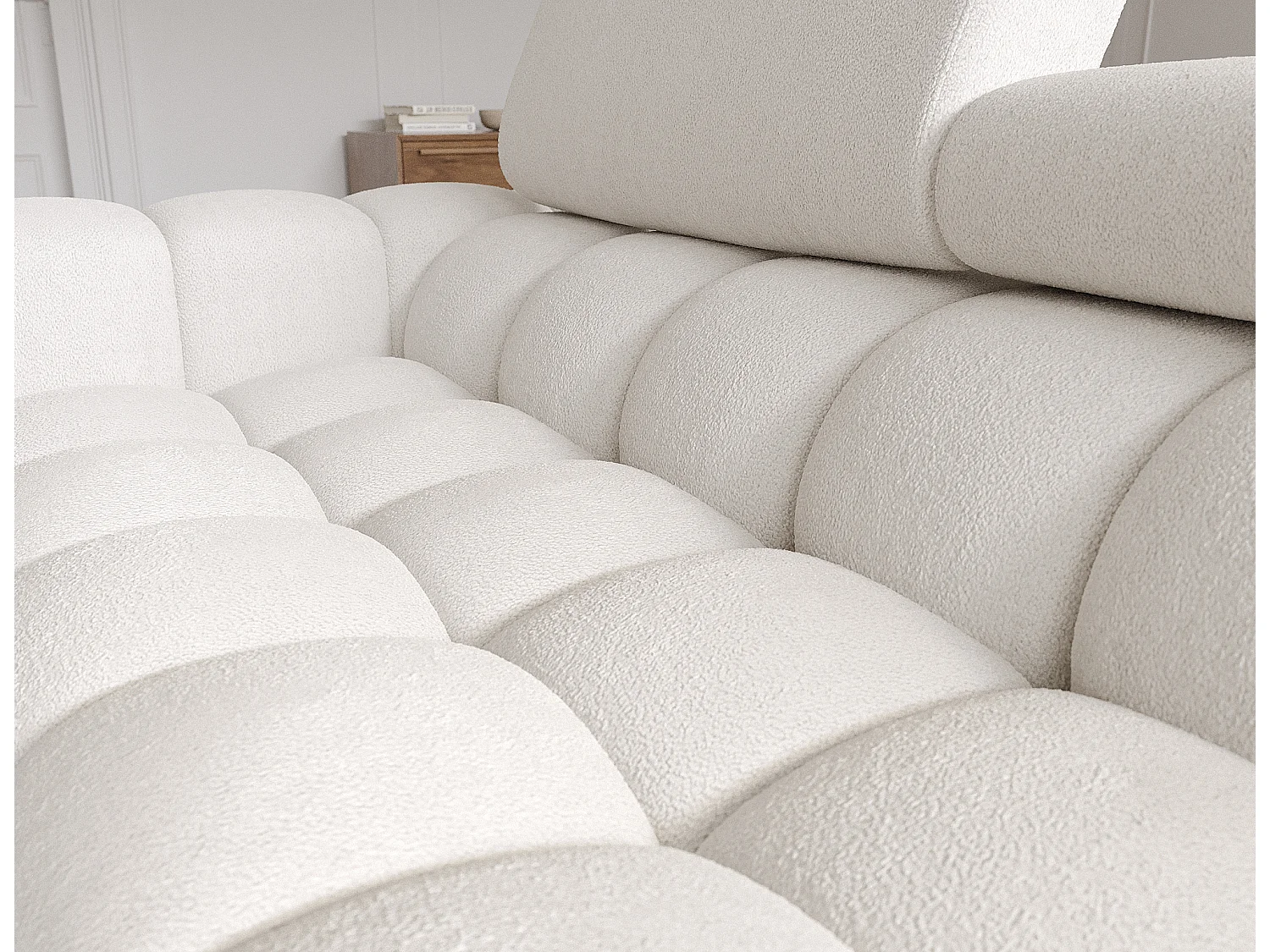 Canapé d’angle convertible tissu appuis-tête réglables KATE – Coffre et pieds métal noir-Blanc cassé-angle droit