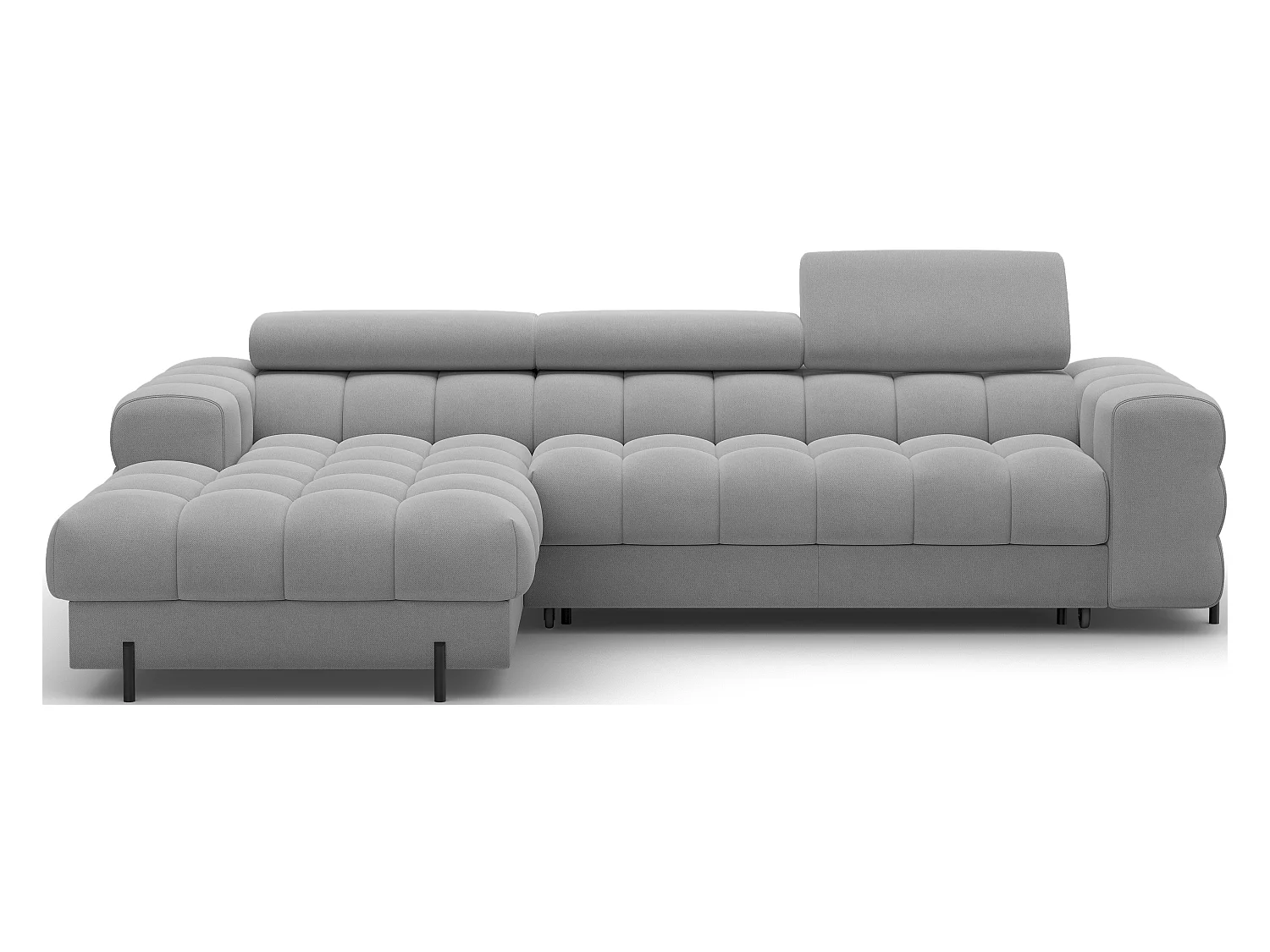 Canapé d’angle convertible velours appuis-tête réglables KATE – Coffre et pieds métal noir-Gris-angle gauche