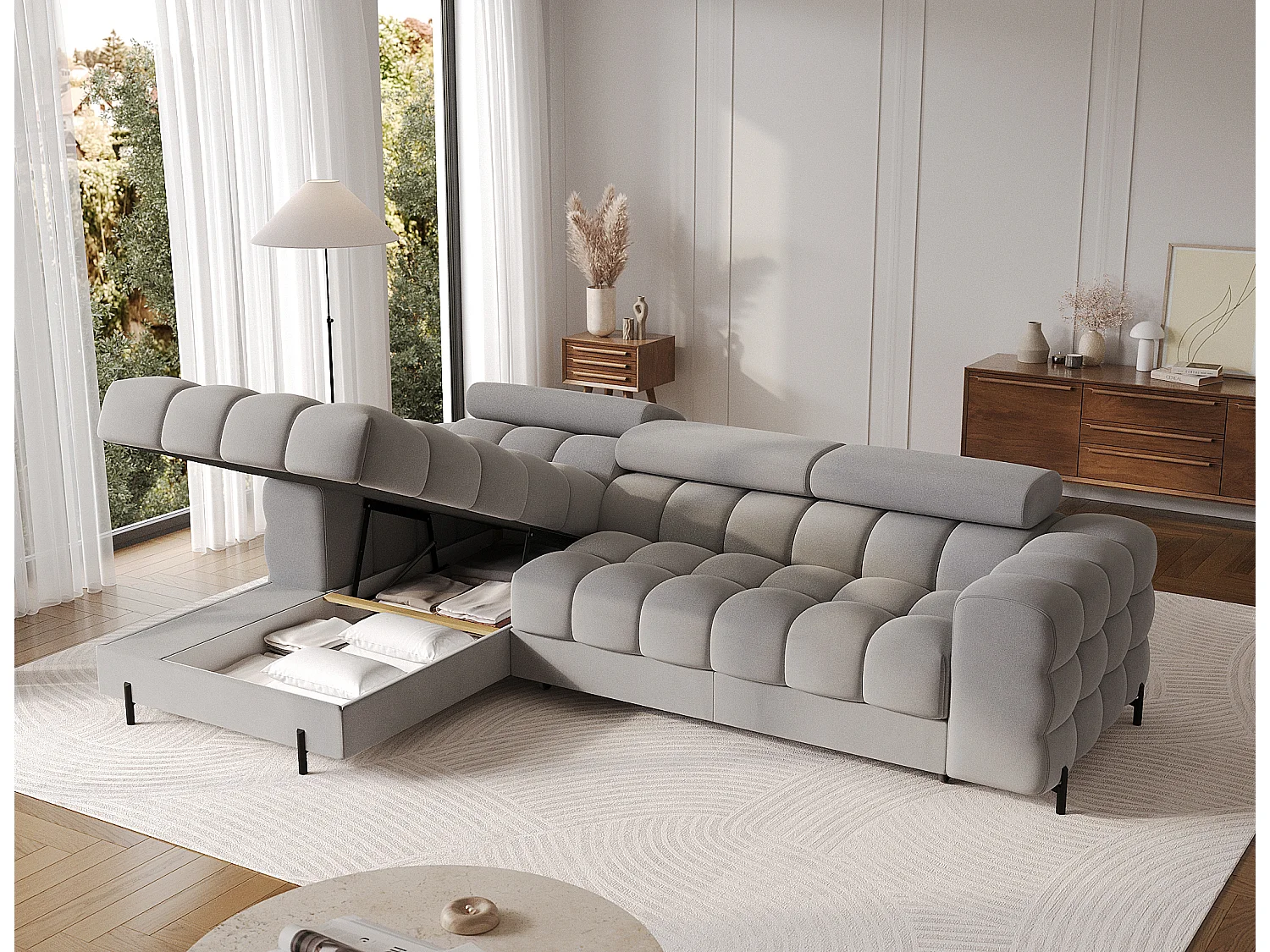 Canapé d’angle convertible velours appuis-tête réglables KATE – Coffre et pieds métal noir-Gris-angle gauche