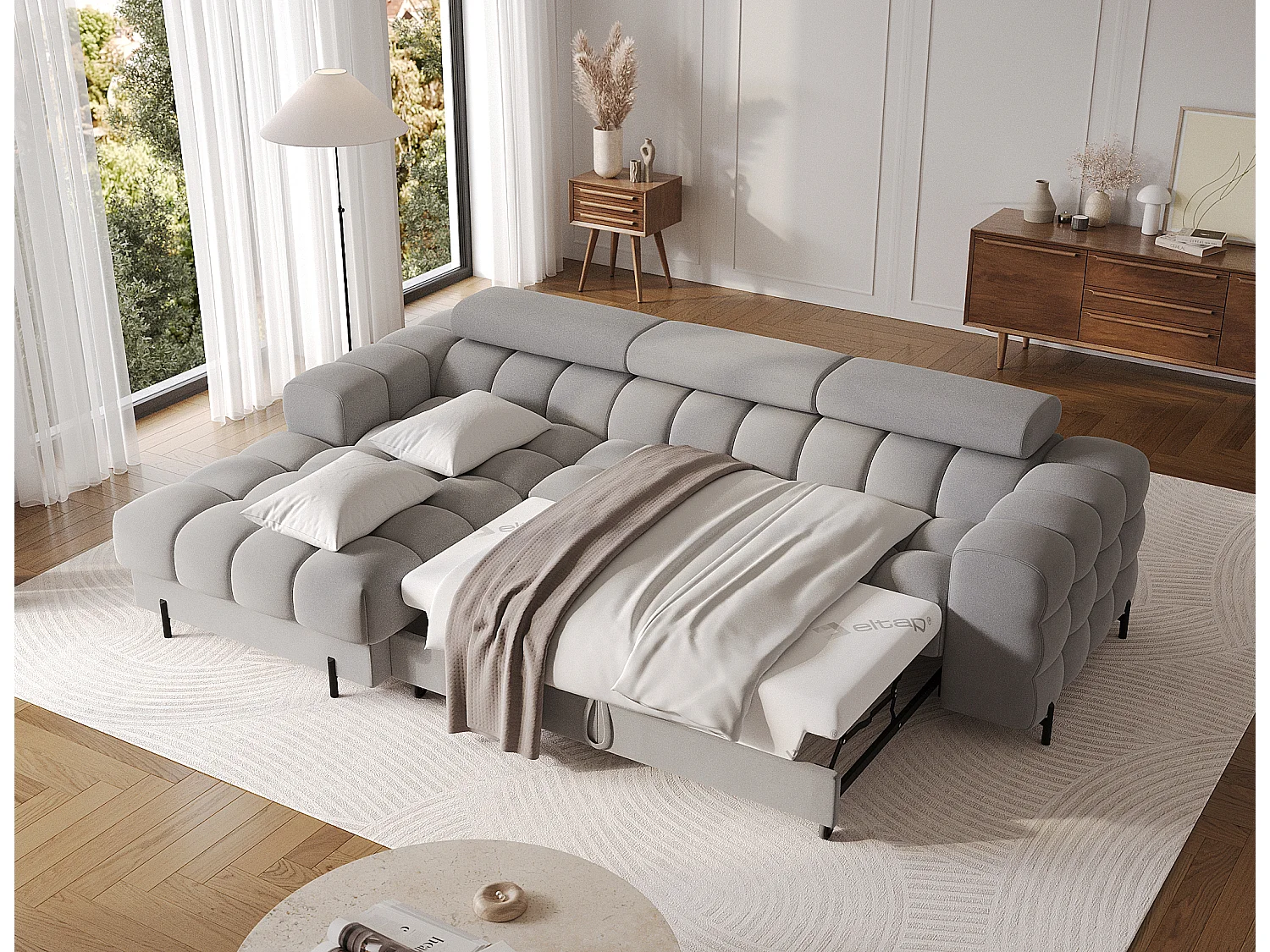 Canapé d’angle convertible velours appuis-tête réglables KATE – Coffre et pieds métal noir-Gris-angle gauche