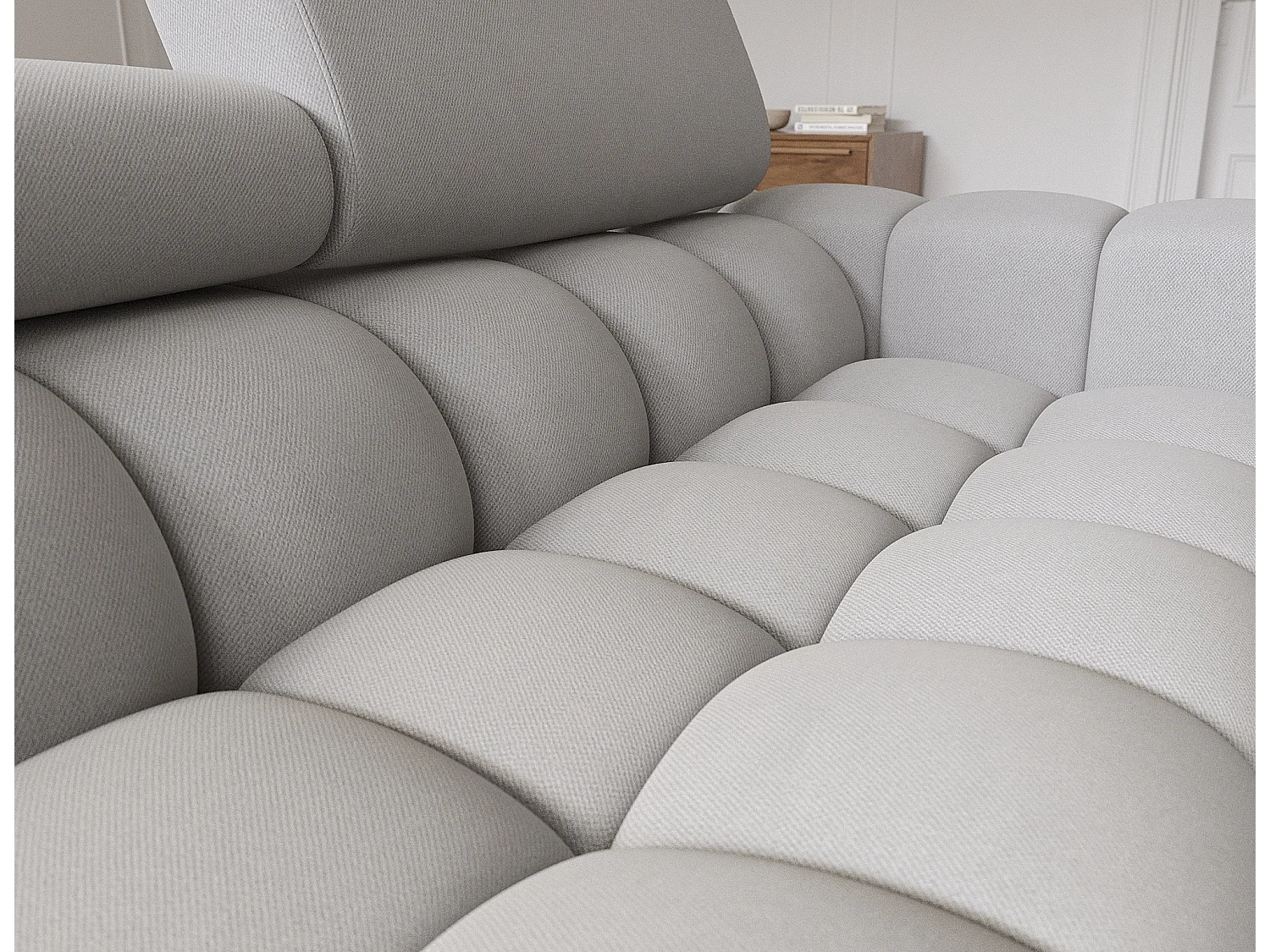 Canapé d’angle convertible velours appuis-tête réglables KATE – Coffre et pieds métal noir-Gris-angle gauche