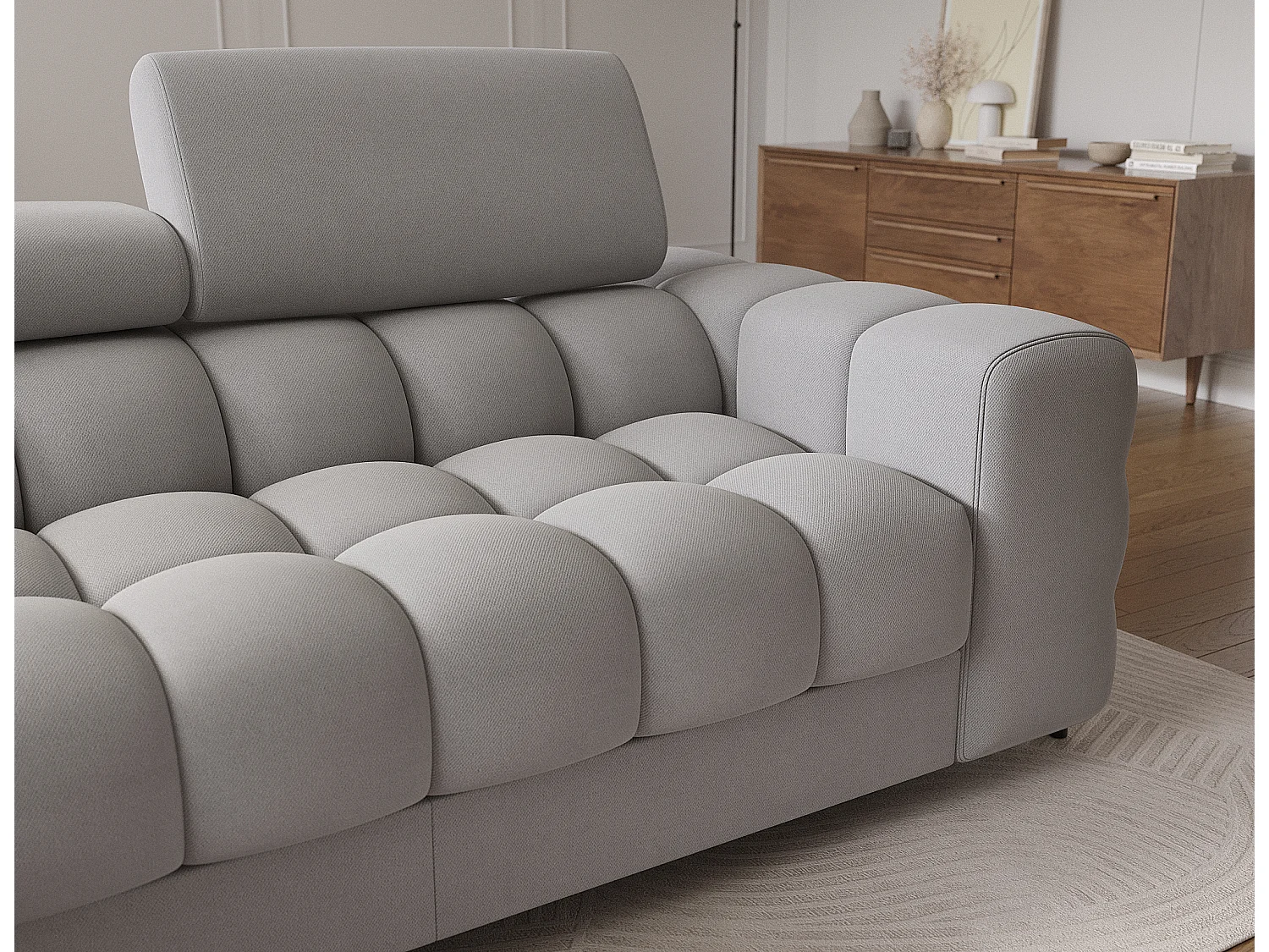 Canapé d’angle convertible velours appuis-tête réglables KATE – Coffre et pieds métal noir-Gris-angle gauche