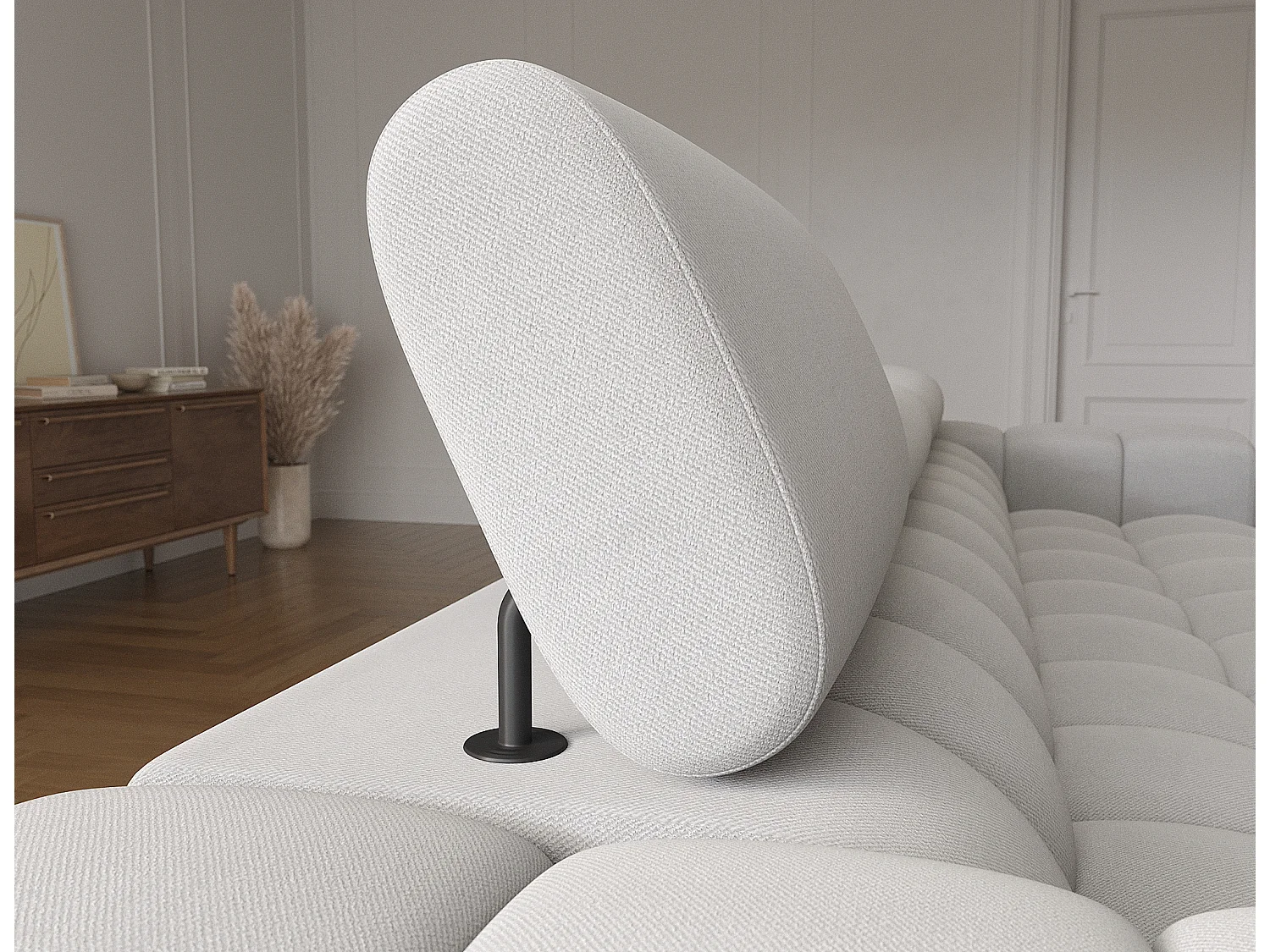 Canapé d’angle convertible velours appuis-tête réglables KATE – Coffre et pieds métal noir-Gris-angle gauche