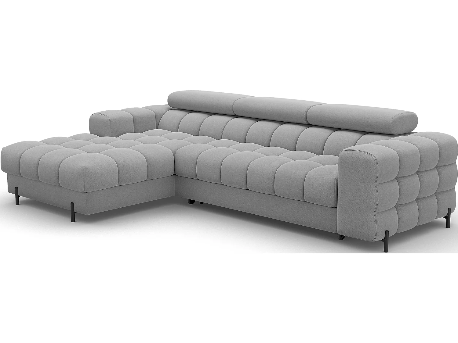 Canapé d’angle convertible velours appuis-tête réglables KATE – Coffre et pieds métal noir-Gris-angle gauche