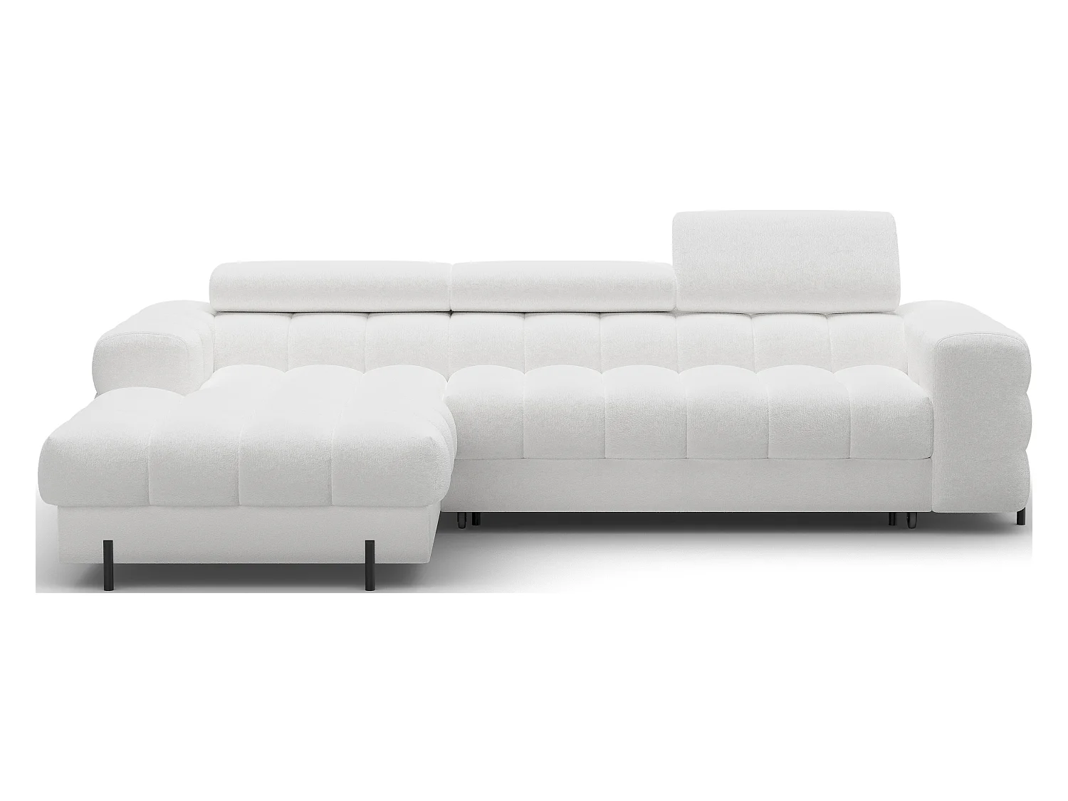 Canapé d’angle convertible tissu appuis-tête réglables KATE – Coffre et pieds métal noir-Blanc-angle gauche