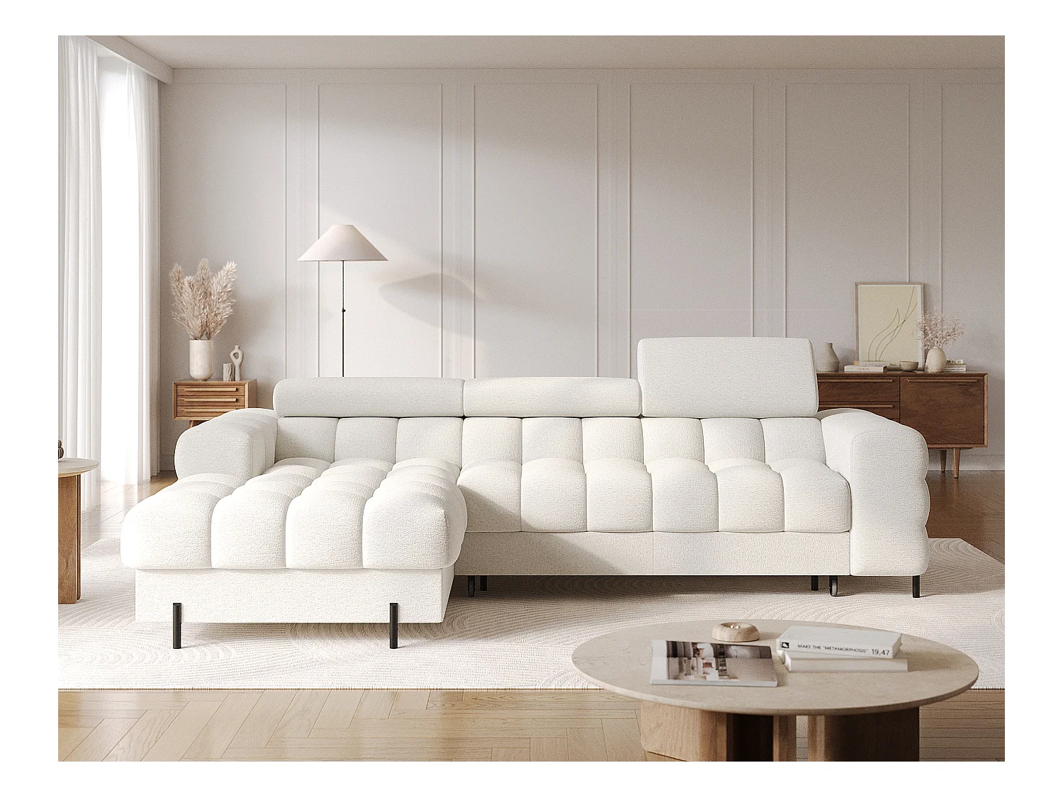 Canapé d’angle convertible tissu appuis-tête réglables KATE – Coffre et pieds métal noir-Blanc-angle gauche