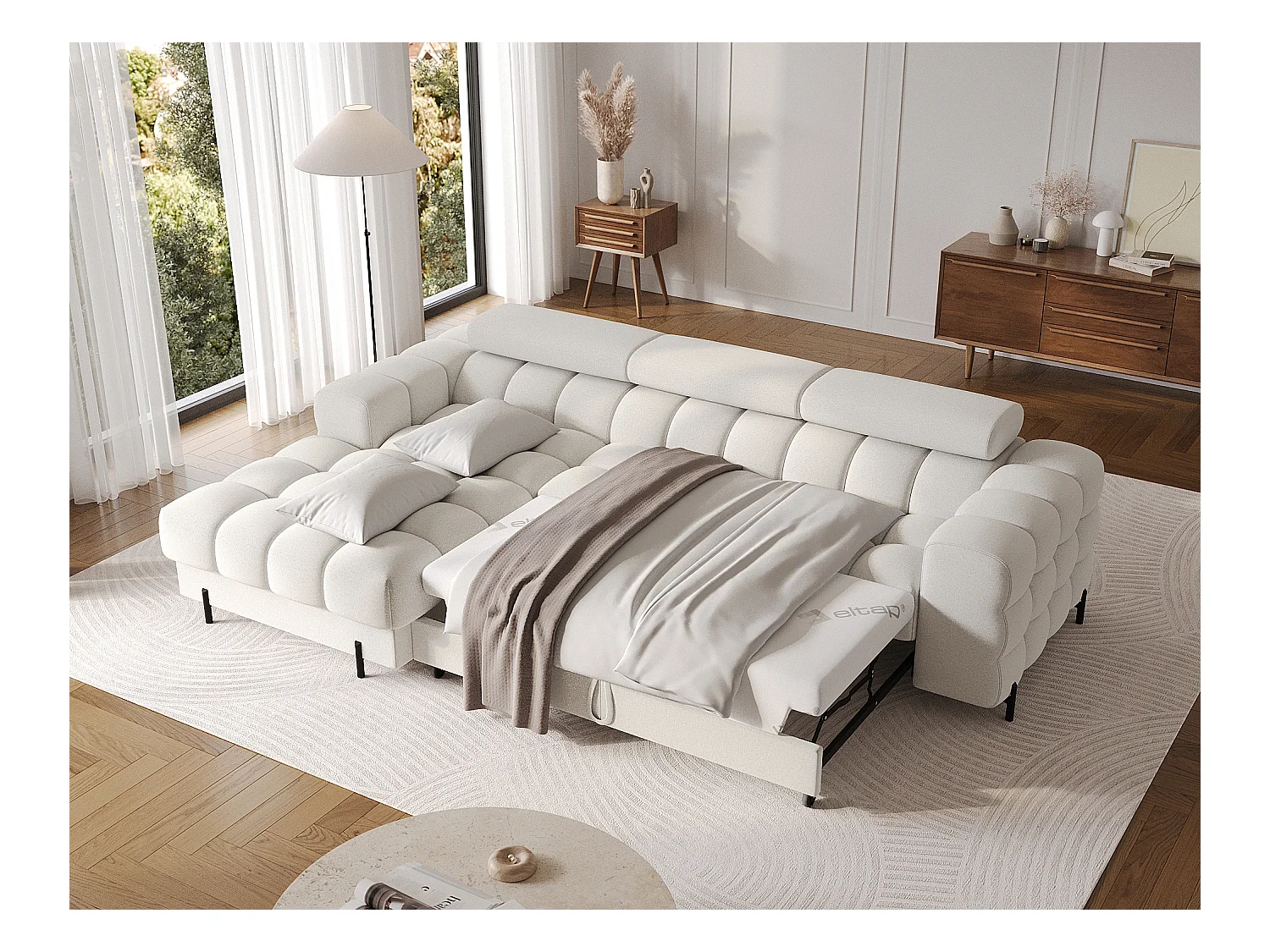 Canapé d’angle convertible tissu appuis-tête réglables KATE – Coffre et pieds métal noir-Blanc-angle gauche