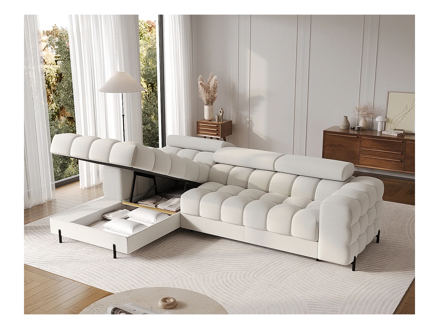 Canapé d’angle convertible tissu appuis-tête réglables KATE – Coffre et pieds métal noir-Blanc-angle gauche