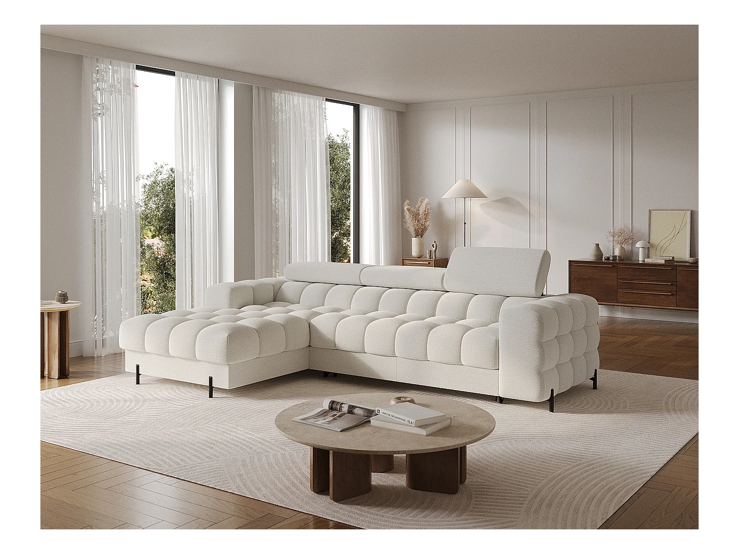 Canapé d’angle convertible tissu appuis-tête réglables KATE – Coffre et pieds métal noir-Blanc-angle gauche