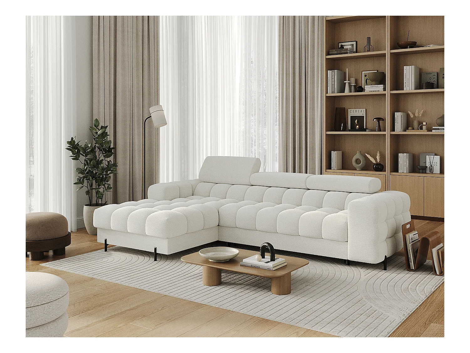 Canapé d’angle convertible tissu appuis-tête réglables KATE – Coffre et pieds métal noir-Blanc-angle gauche