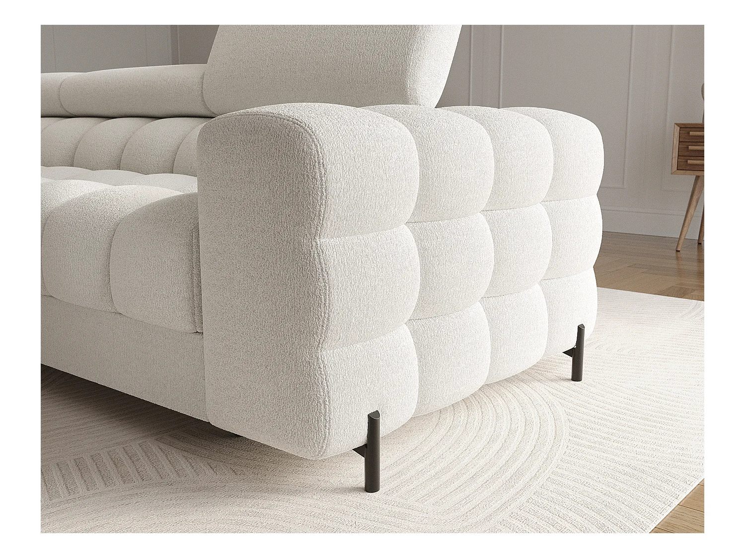 Canapé d’angle convertible tissu appuis-tête réglables KATE – Coffre et pieds métal noir-Blanc-angle gauche