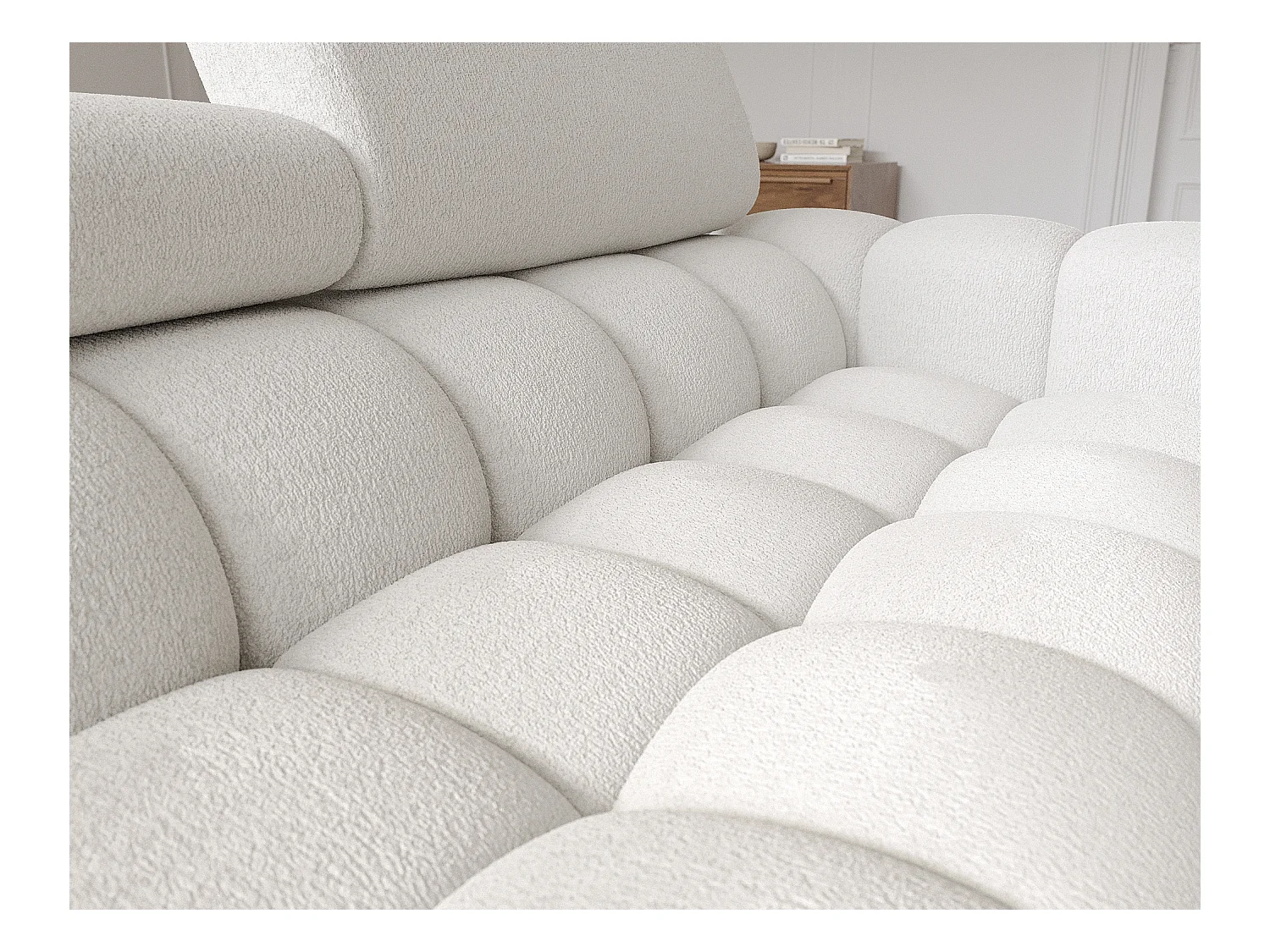 Canapé d’angle convertible tissu appuis-tête réglables KATE – Coffre et pieds métal noir-Blanc-angle gauche