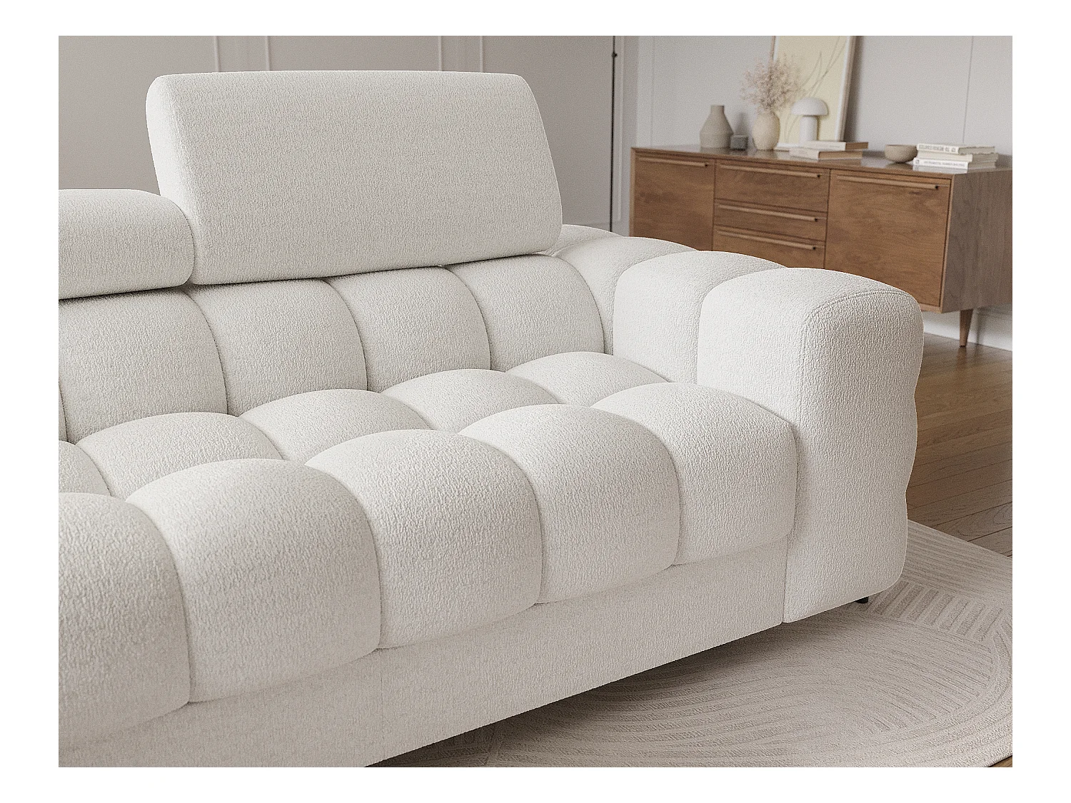 Canapé d’angle convertible tissu appuis-tête réglables KATE – Coffre et pieds métal noir-Blanc-angle gauche