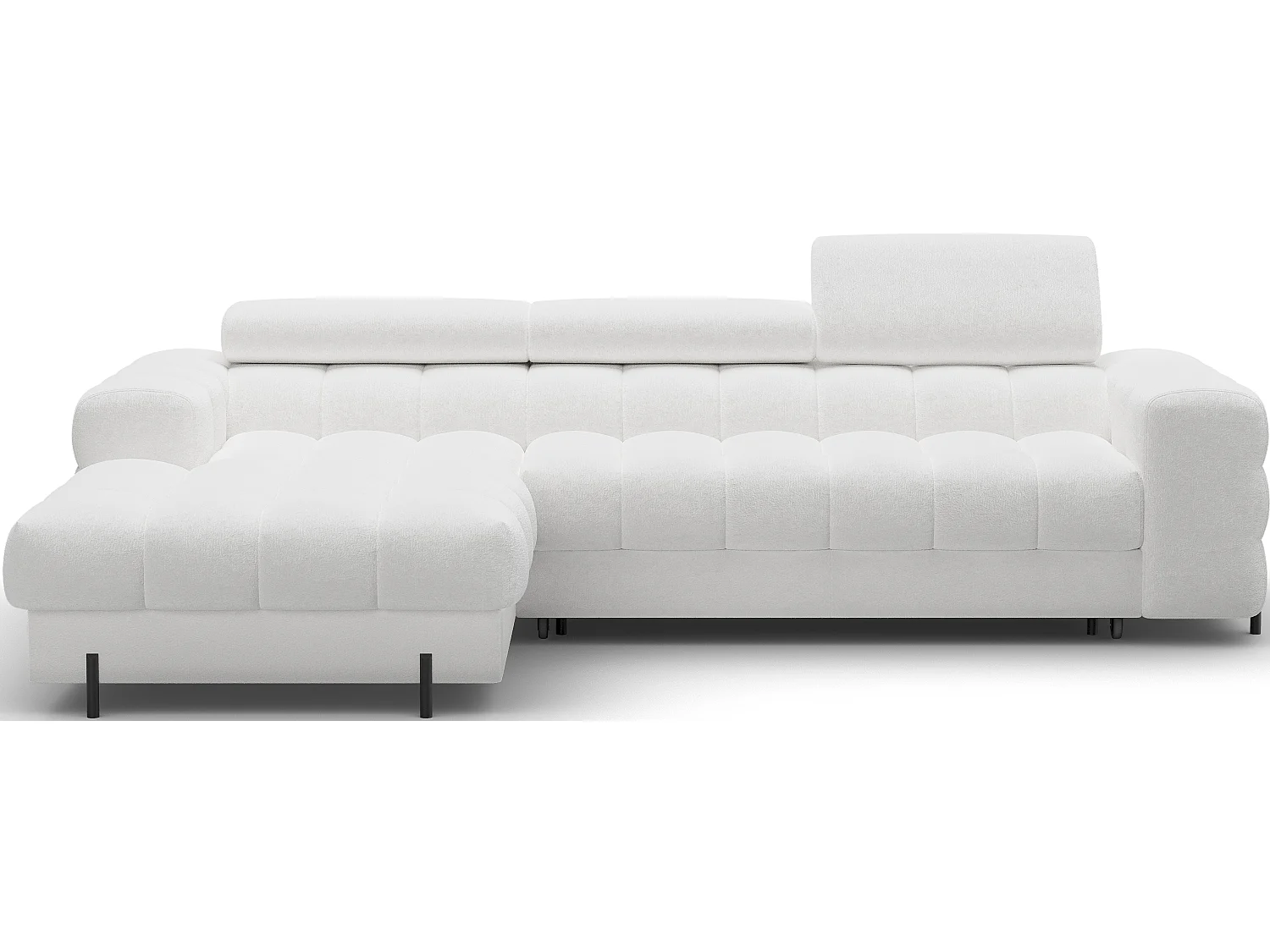 KATE omvormbare stoffen hoekbank met verstelbare hoofdsteunen – Zwarte metalen opbergruimte en poten-Kleur Wit-linkerhoek