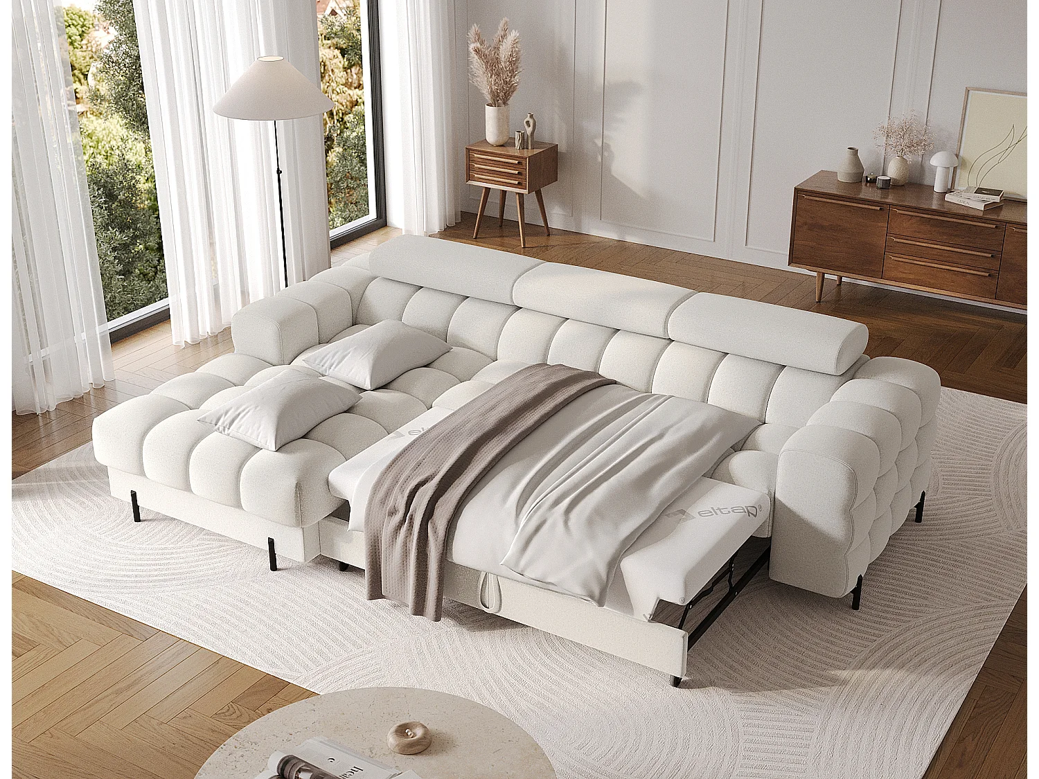 KATE omvormbare stoffen hoekbank met verstelbare hoofdsteunen – Zwarte metalen opbergruimte en poten-Kleur Wit-linkerhoek