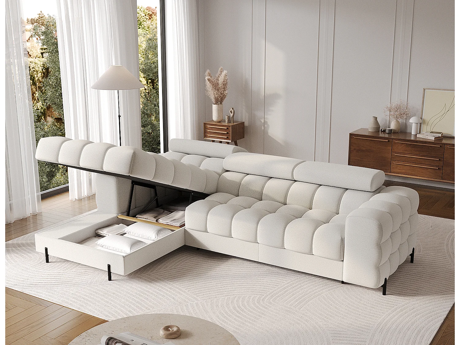 KATE omvormbare stoffen hoekbank met verstelbare hoofdsteunen – Zwarte metalen opbergruimte en poten-Kleur Wit-linkerhoek