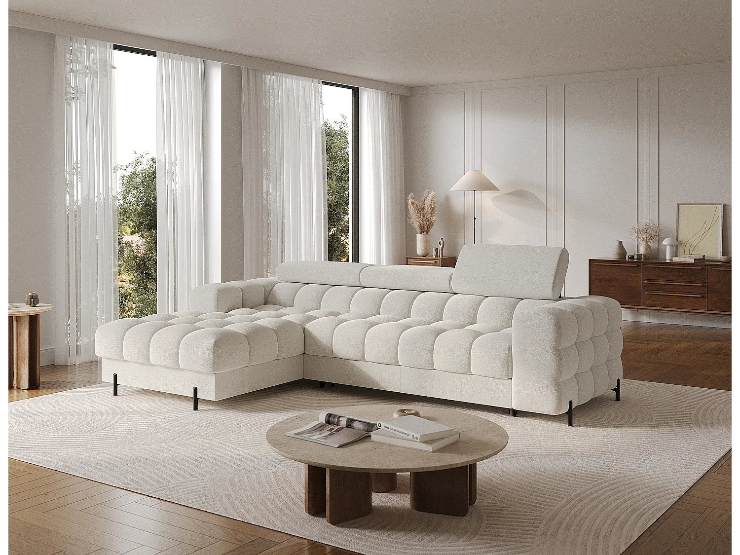 KATE omvormbare stoffen hoekbank met verstelbare hoofdsteunen – Zwarte metalen opbergruimte en poten-Kleur Wit-linkerhoek