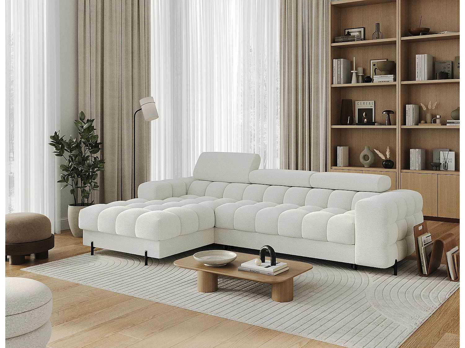 KATE omvormbare stoffen hoekbank met verstelbare hoofdsteunen – Zwarte metalen opbergruimte en poten-Kleur Wit-linkerhoek