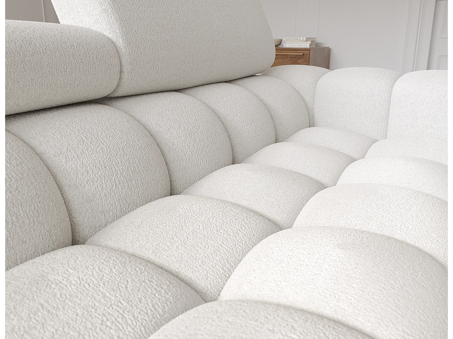 KATE omvormbare stoffen hoekbank met verstelbare hoofdsteunen – Zwarte metalen opbergruimte en poten-Kleur Wit-linkerhoek