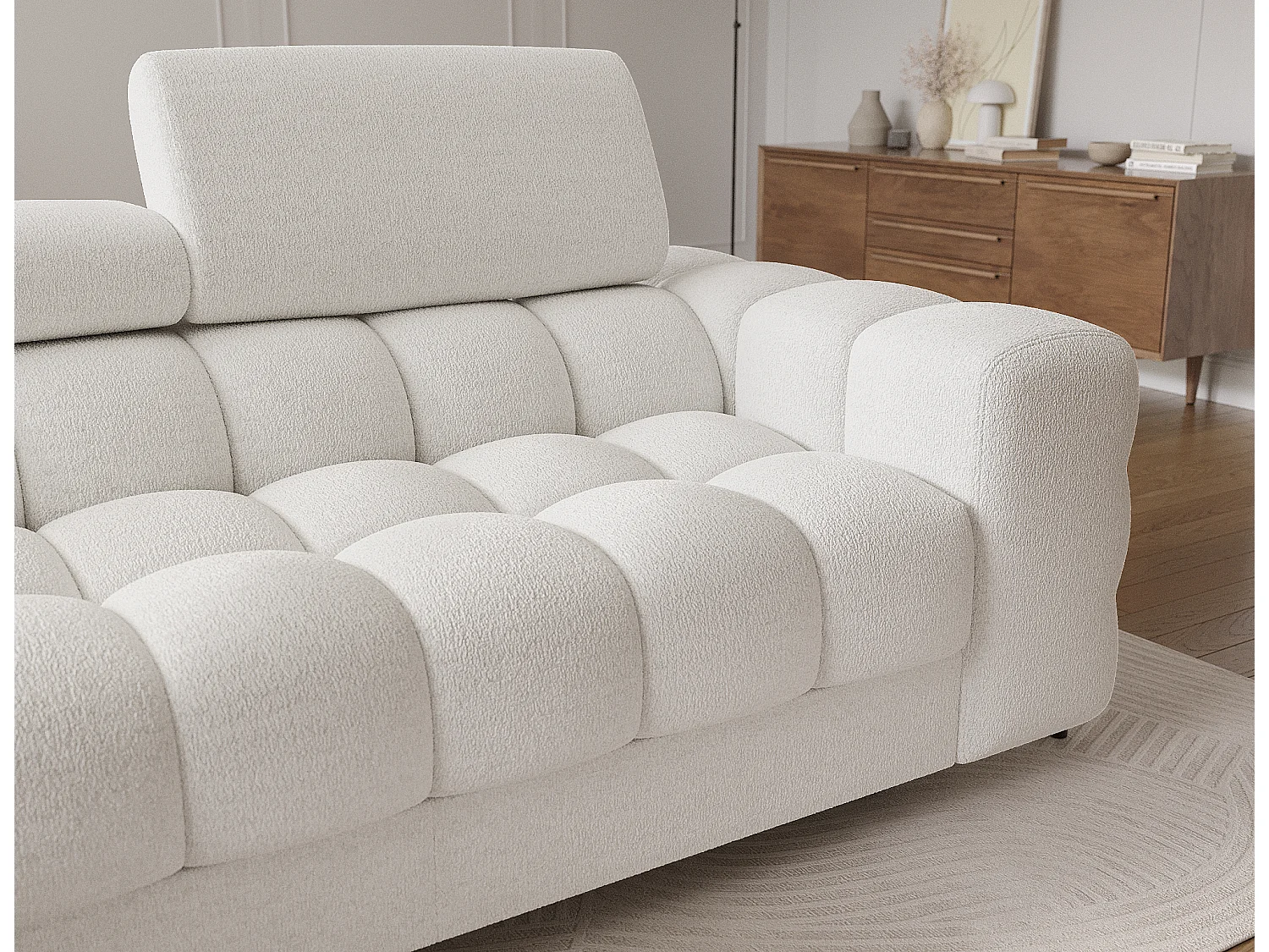 KATE omvormbare stoffen hoekbank met verstelbare hoofdsteunen – Zwarte metalen opbergruimte en poten-Kleur Wit-linkerhoek