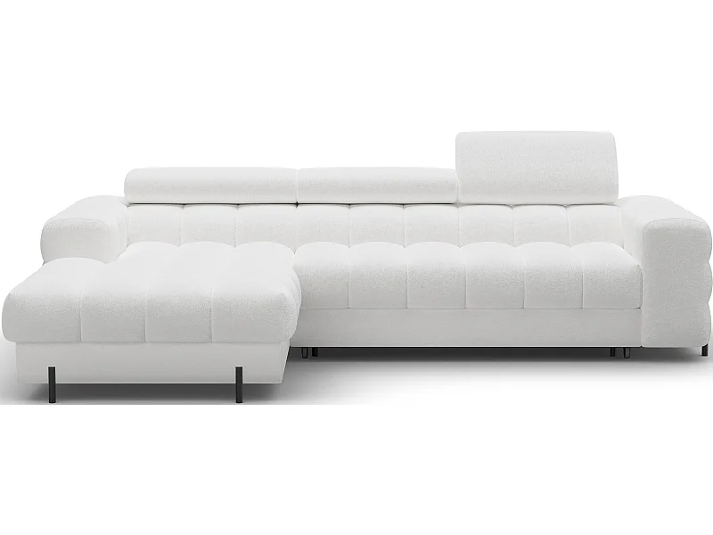 Canapé d’angle convertible tissu appuis-tête réglables KATE – Coffre et pieds métal noir-Blanc-angle gauche