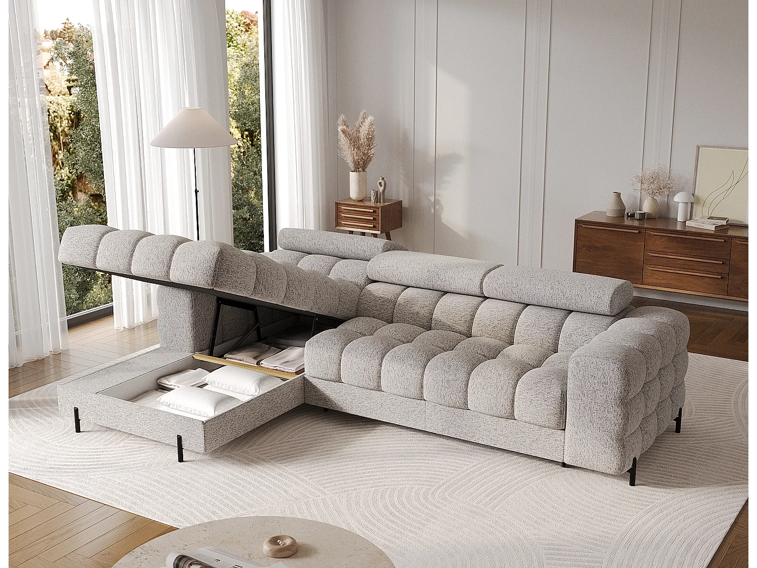 Canapé d’angle convertible tissu appuis-tête réglables KATE – Coffre et pieds métal noir-Gris clair chiné-angle gauche